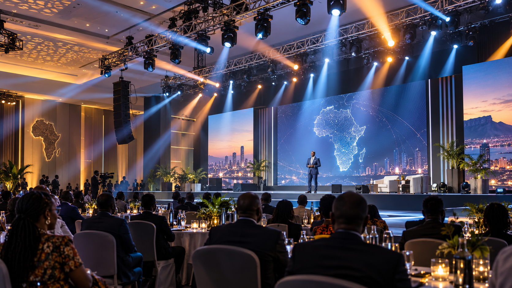 Conference hall with dynamic stage lighting and intelligent lighting fixtures