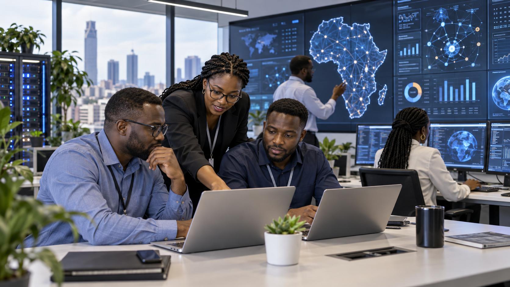 Information technology research team collaborating in a modern digital operations center