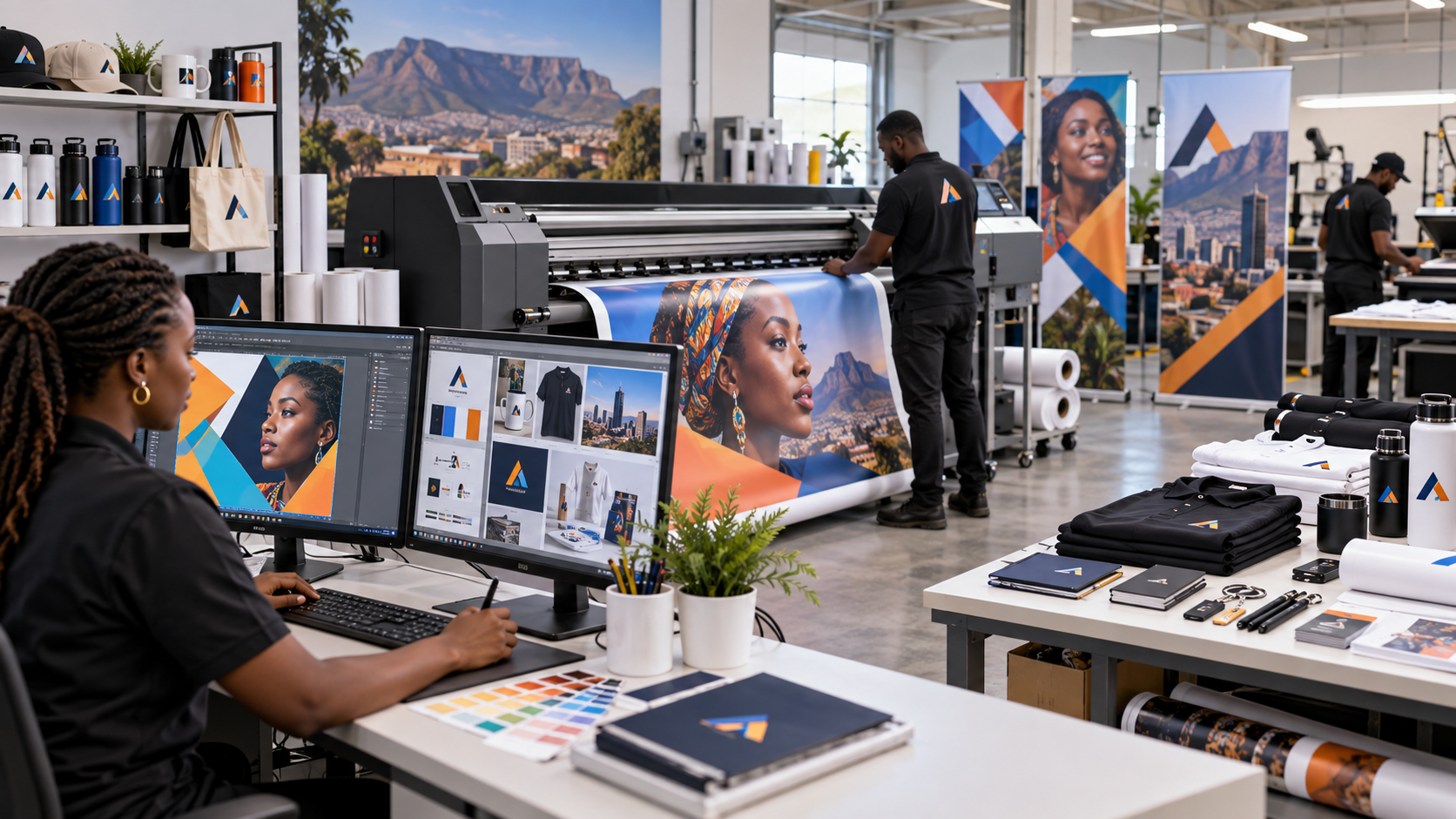 Printing and branding production studio with branded materials being designed and printed