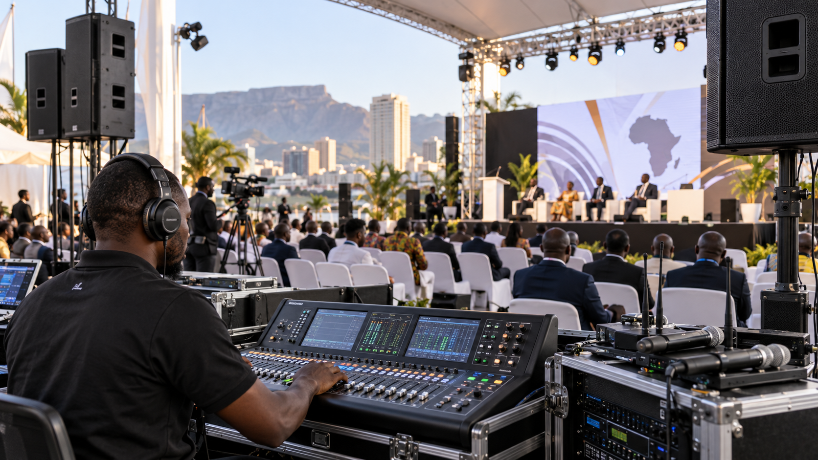 Public address system control setup at an outdoor conference event