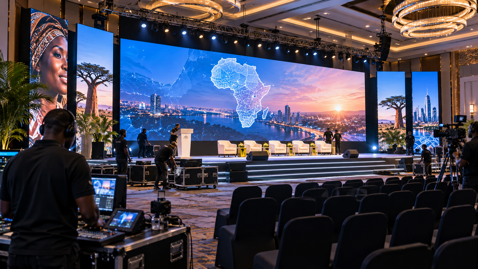 Large conference stage with giant LED display screens and event setup